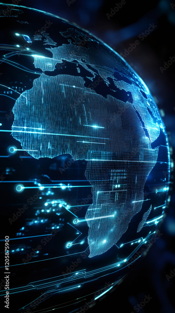 Fototapete Planet earth rotating in space with electronic circuits and binary code, representing global communication and technology
