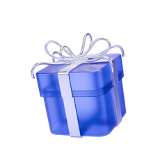 A 3d icon of blue gift box featuring a silver ribbon 