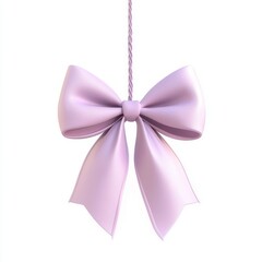 Light pink satin ribbon bow hanging on a string, isolated on white background.