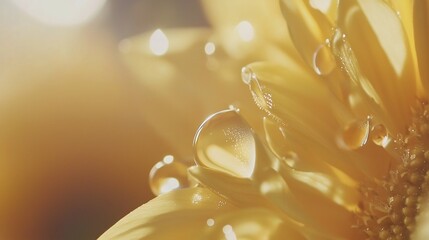 Close-up of a yellow flower with water droplets shining in golden light