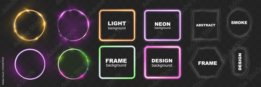 Poster glowing neon light frames and smoky abstract frames in various shapes on transparent background, per