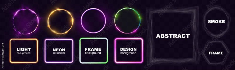 Poster Glowing neon light frames and smoky abstract frames in various shapes on transparent background, perfect for modern, futuristic, and artistic design projects.