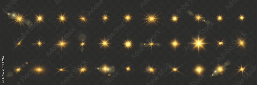 Poster Set of bright gold beautiful suns with light flares on a dark background. Flashing light effects, sparkling details, and a luxurious radiant appearance. Suitable for festive, decorate.	