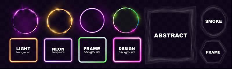 Glowing neon light frames and smoky abstract frames in various shapes on transparent background, perfect for modern, futuristic, and artistic design projects.