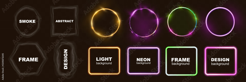 Poster Glowing neon light frames and smoky abstract frames in various shapes on transparent background, perfect for modern, futuristic, and artistic design projects.
