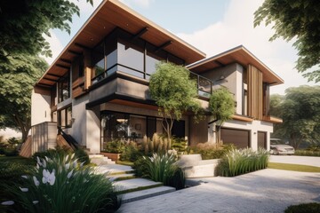 Fototapeta premium Modern Two Story House with Wood Accents and Landscaping