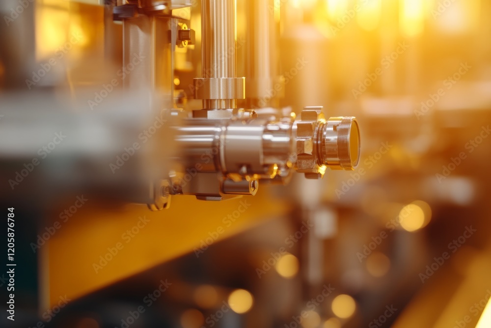Poster detailed freight train coupling mechanism captured at dusk, showcasing metallic parts glimmering whi