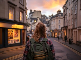 Woman backpack sunset city street exploring travel
