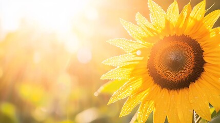 Obraz premium Sunlit Sunflower Bloom with Water Droplets on its Petals basking in Morning light