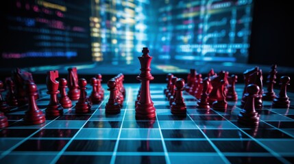 A surreal chessboard made of glass, with translucent chess pieces casting shadows, the backdrop featuring a glowing, animated stock market graph with fluctuating data streams.