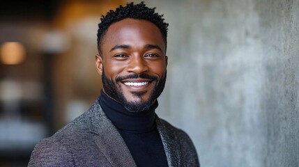 Fototapeta premium A confident, smiling African-American man in a stylish blazer, perfect for professional use, personal branding, or modern lifestyle themes.