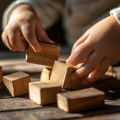 Baby playing wooden blocks indoors, sunlight