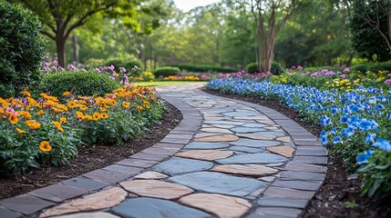 Obraz premium Summer garden with blooming flowers, lush greenery and manicured pathway. Peaceful outdoor landscape surrounded by nature creating a harmonious backyard retreat.