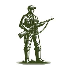 Fototapeta premium Modern hunter with rifle in hand, ink sketch, black on white