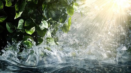 Sunlit Water Splashing Near Lush Green Leaves