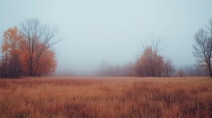 Obraz premium Autumnal Field Mist Shrouds Bare Trees