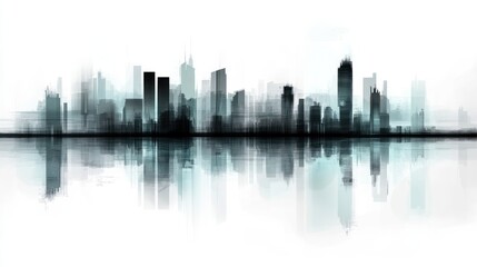 Fototapeta premium Cityscape reflection, urban skyline, water, misty background, design element