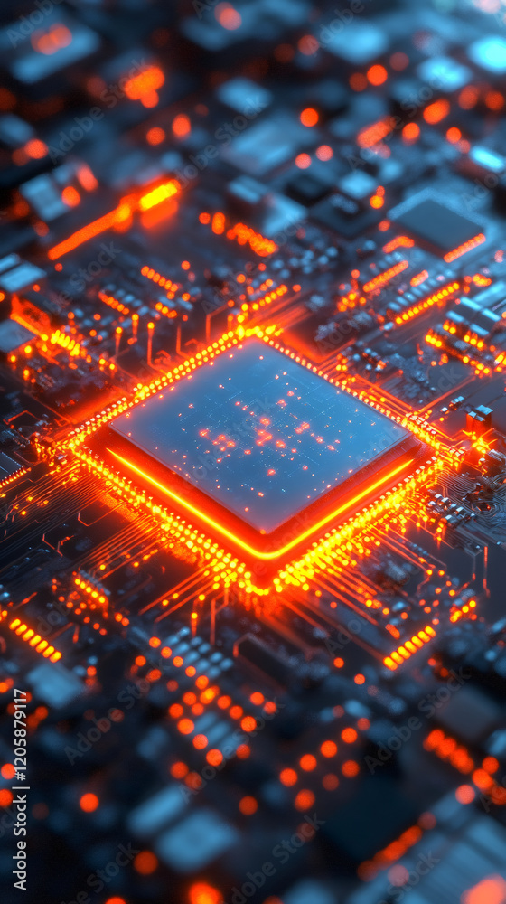 Aufkleber closeup of a glowing cpu on a motherboard with orange lights, creating a futuristic technology backg