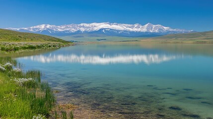 Serene mountain lake reflecting snow capped peaks