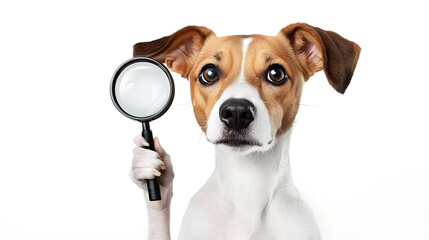 Adorable dog holding a magnifying glass, playfully symbolizing curiosity, exploration, and problem-solving in a fun and creative way, perfect for concepts like research and investigation.
