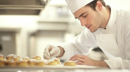 Pastry chef dusting pastries, kitchen, commercial bakery, food preparation