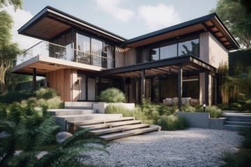 Obraz premium Modern Wooden House Surrounded By Lush Greenery