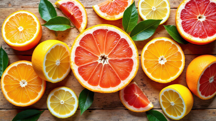 Fototapeta premium Fresh orange slices on a rustic wooden surface, perfect for a healthy snack or detox diet.