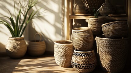 Fototapeta premium A collection of woven baskets stacked in a corner, each with its unique design, sitting in soft natural light