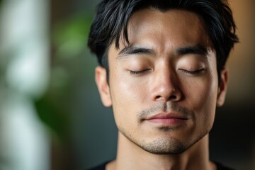 Obraz premium Man maditating, breathing and relax with peace in nature for exercise, asian young male person, workout or zen for mental wellness.