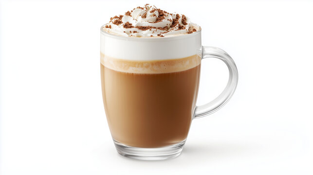 A variety of coffee cups including cappuccino with chocolate, regular cappuccino, and coffee, all served in glass cups with cream and foam, ideal for breakfast or dessert