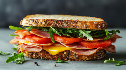 A delicious grilled sandwich with bacon, vegetables, cheese, and fresh ingredients like lettuce, tomato, and cucumber in a crispy bun