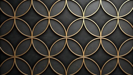 Dark circular shapes, overlapping circles, matte black texture, golden edges, elegant geometric pattern 