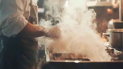 Chef preparing smoky dish, restaurant kitchen, intense heat, food photography