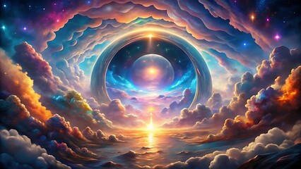 Cosmic portal, glowing orb, vibrant clouds, ethereal energy flow, celestial phenomenon, surreal sky background