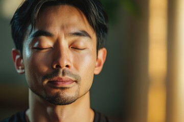 Man maditating, breathing and relax with peace in nature for exercise, asian young male person, workout or zen for mental wellness.