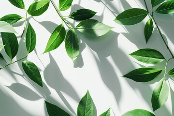 Obraz premium Green leaves casting shadows on a white surface creating a serene and natural composition in soft light