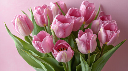 Obraz premium Top view of a simple yet elegant arrangement of pink tulips on a soft pink background, creating a serene and romantic vibe. 