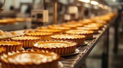 Freshly baked pies cooling on a metal rack in a bustling commercial kitchen, highlighting the intricate process of producing delicious pastries in large quantities for various culinary needs