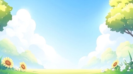 Sunny meadow landscape, cheerful scene, game background