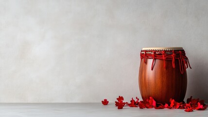 Traditional drum with red decorations and scattered flowers