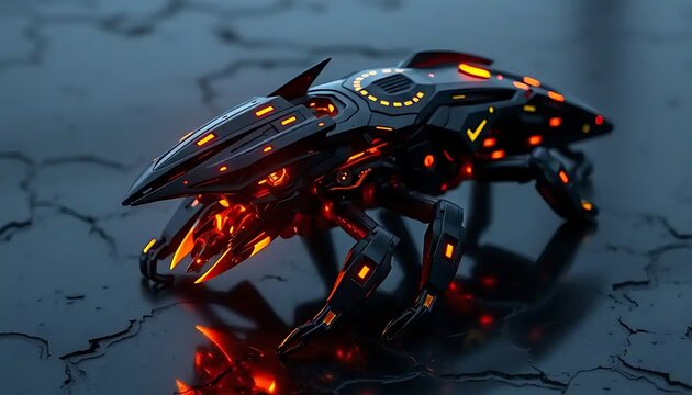 Futuristic Robotic Insect Glowing Orange Dark Surface