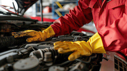 A mechanic wearing red suit and yellow gloves is diligently working on a car engine under the car hood, emphasizing professional auto repair and maintenance.