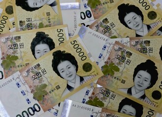 한국 돈, 오만원 지폐, 흰 색 배경에 가득 놓인 여러 장의 화폐	
