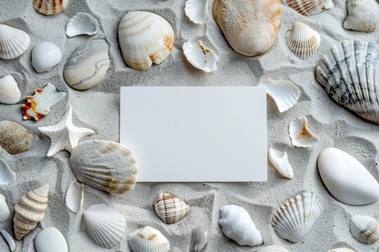 A blank canvas rests on soft sand, decorated by an array of colorful seashells. This serene coastal setting invites creativity and imagination under warm sunlight