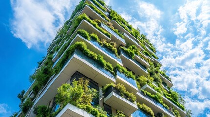 A modern high-rise residential building with vertical gardens on every balcony