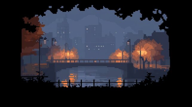 Foggy bridge over canal at dusk, city skyline view, framed by trees