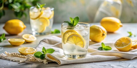 Fototapeta premium Refreshing Lemon and Mint Iced Drink with Sliced Citrus and Ice Cubes on a Light Fabric