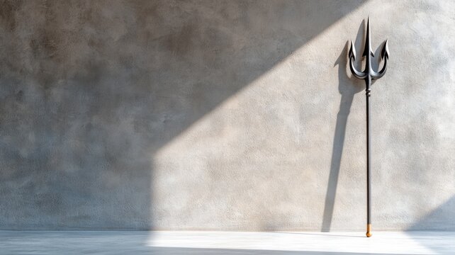 Metal trident leaning against grey textured wall casting shadow