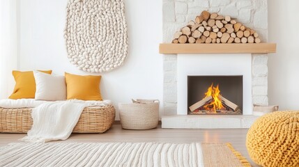 A minimalist boho living room with natural rattan furniture, a large knitted wall panel, and a stone fireplace with burning logs. The furniture