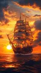 Obraz premium Ship sailing into the sunset 